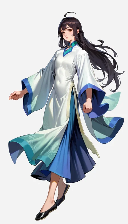 score_9,score_8_up,score_7_up,<lora:xinxianying>,xinxianying,1girl,solo,long black hair,bangs,ahoge,brown eyes,informal costume,black shoes,full body,white background,