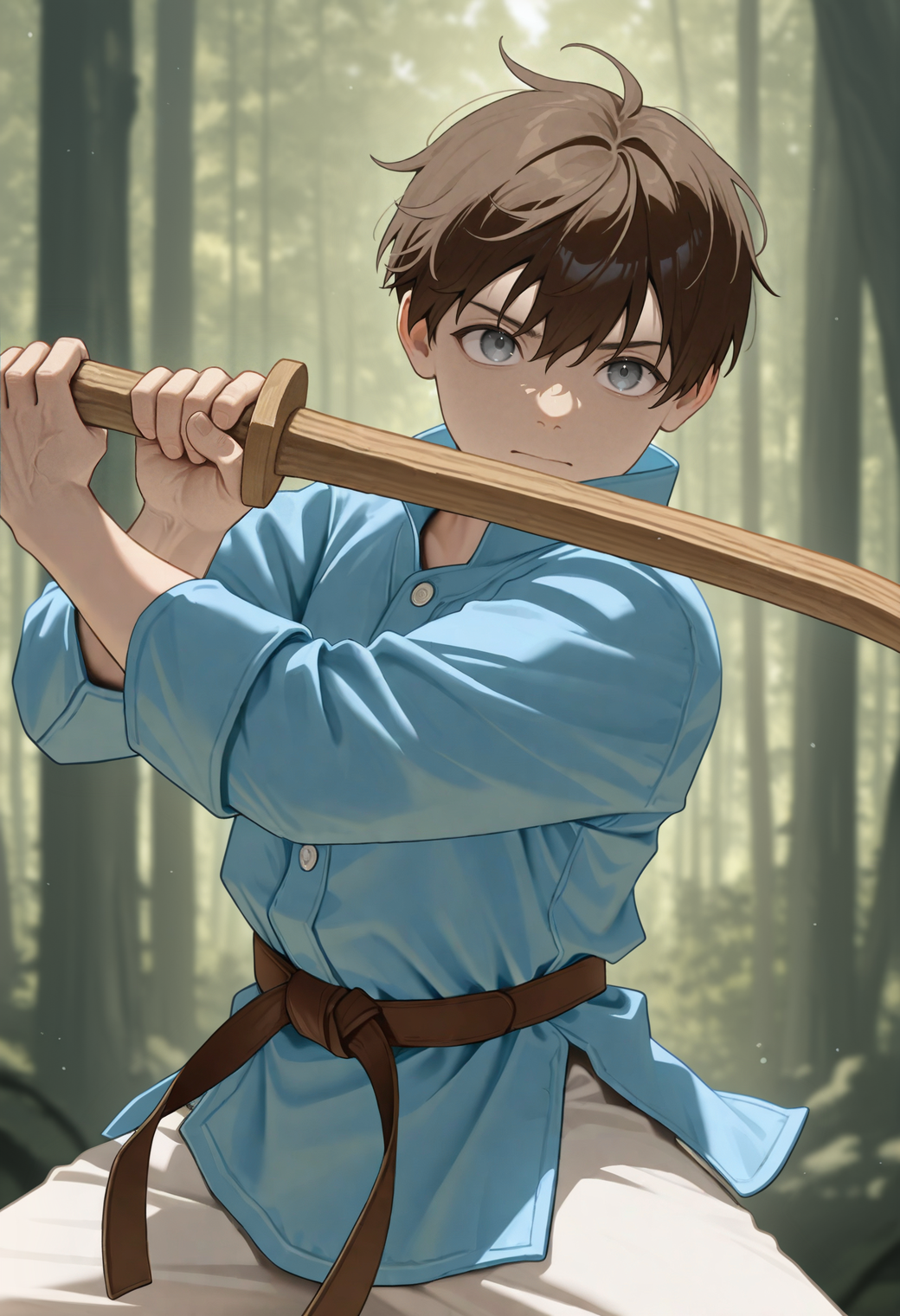 masterpiece,best quality,
1boy,solo,
<lora:noor_NAI_EPS_1_1_CAME_v2_adjusted_repeats:1>,
y0un6_n00r,brown hair,short hair,grey eyes,
blue shirt,buttons,martial arts belt,brown belt,
holding sword,wooden sword,facing viewer,dynamic pose,
blurry background,outdoors,forest,scenery