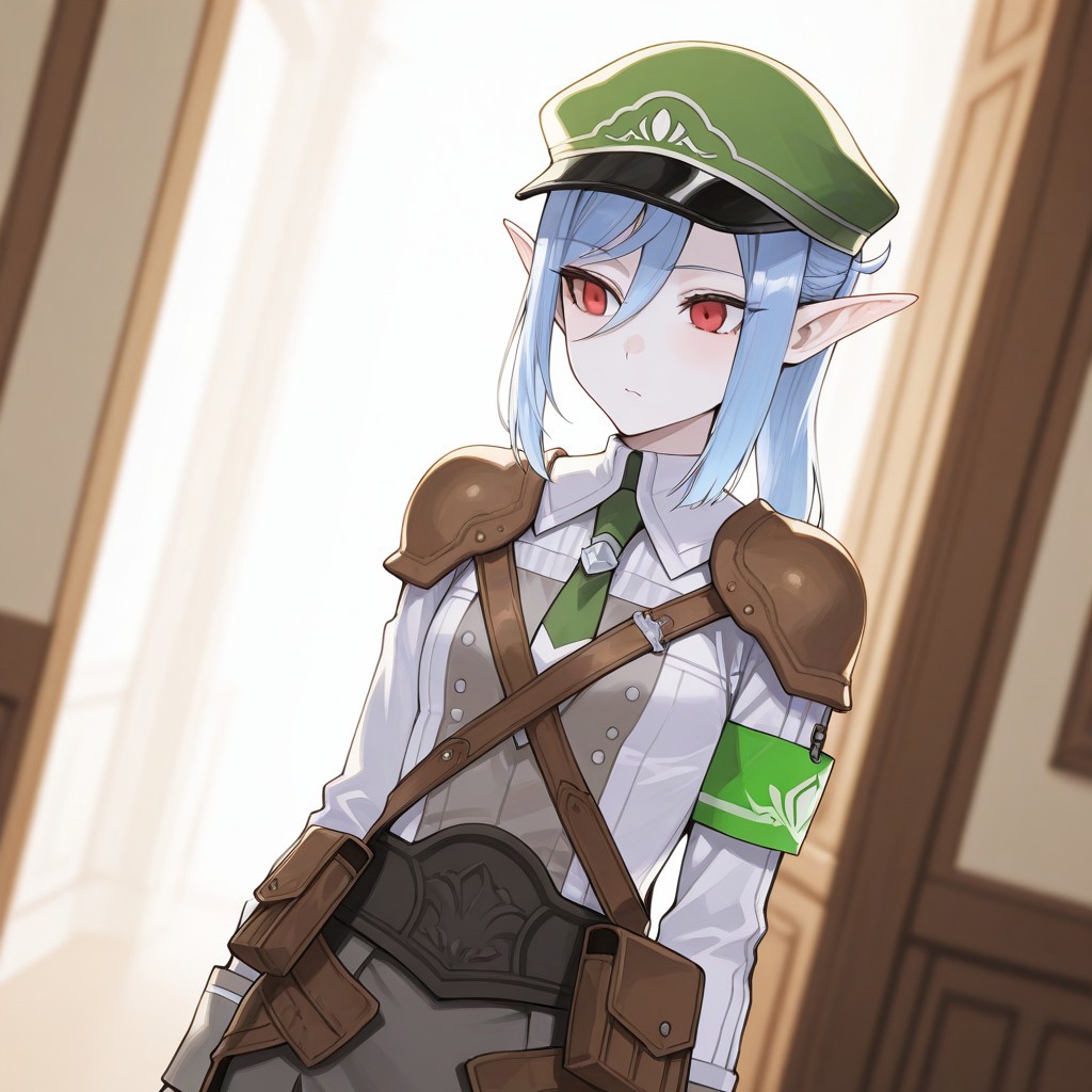 (best_quality, detailed, masterpiece, very_aesthetic, absurdres), general, (zuharu:0.8), (modare:0.5), sas \(ls08b\)
BREAK
1girl, small breasts, white skin, upper_body, adult, dynamic angle, blurry background
BREAK
RF5Scarlett, long hair, blue hair, pointy ears, elf, hair between eyes, ponytail, red eyes, long sleeves, green headwear, armor, shoulder armor, green armband, pauldrons, shirt, military uniform, sidelocks, green pencil skirt, necktie, ribbon, bag, jacket