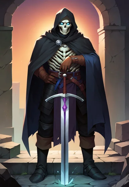 safe_pos, score_9, score_8_up, score_7_up, BREAK, source_anime, zPDXL3, NEGATIVE_HANDS, pathfinder portrait, undead, skeleton, black armor, black hood, belt, gloves, boots, black cape, one-hand-hilt, hand on hilt, holding sword, planted sword, large sword, ruins, aura, night, emphasized-details