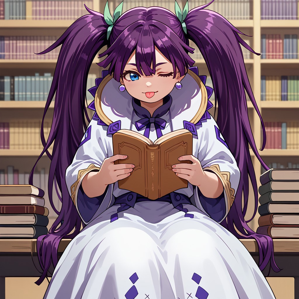 score_9, score_8, score_7, break, female child, cute, alka, 1girl, twintails, long hair, purple hair, earrings, blue eyes, dress, sitting, library, one eye closed, tongue, holding book
