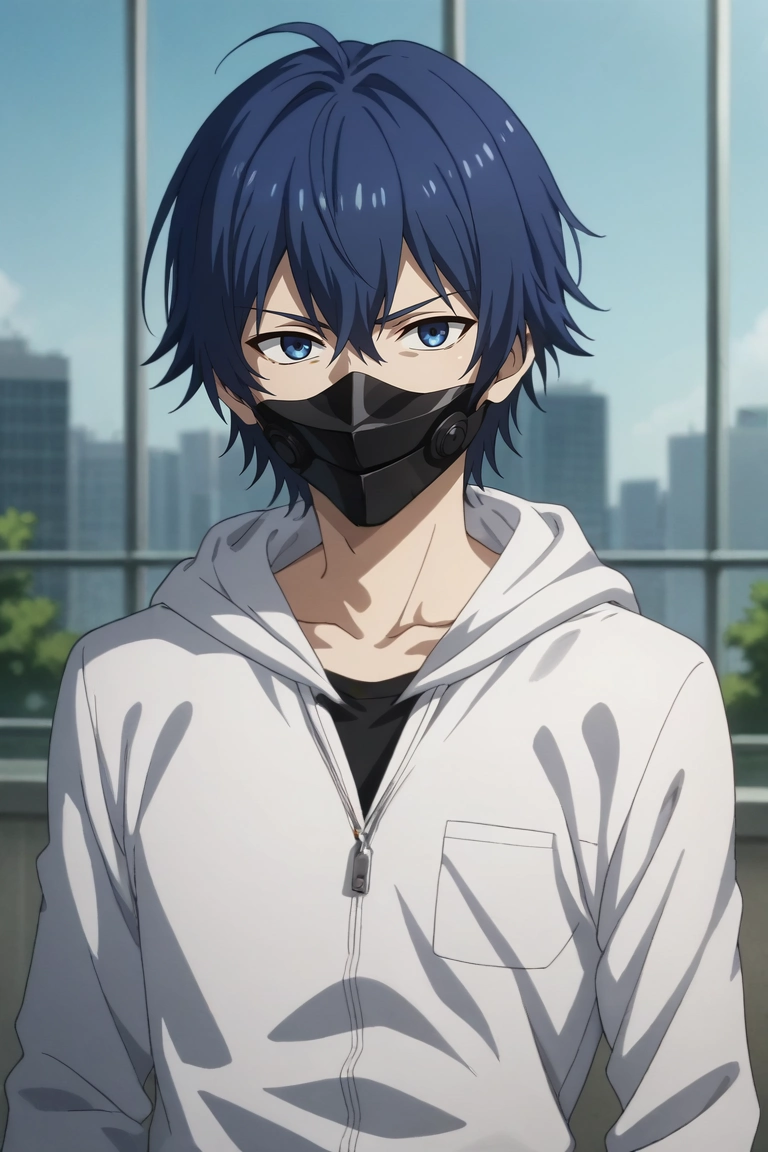 score_9, score_8_up, score_7_up, source_anime, rating_safe, intricate details, anime screencap, anime coloring, , looking at viewer, depth of field, 1boy, solo, male focus, <lora:ayato_kirishima_pony:0.76>, ayato_kirishima, blue hair, blue eyes, hair between eyes, hoodie, mask, , cop costume, <lora:sdxl_lightning_8step_lora:1>