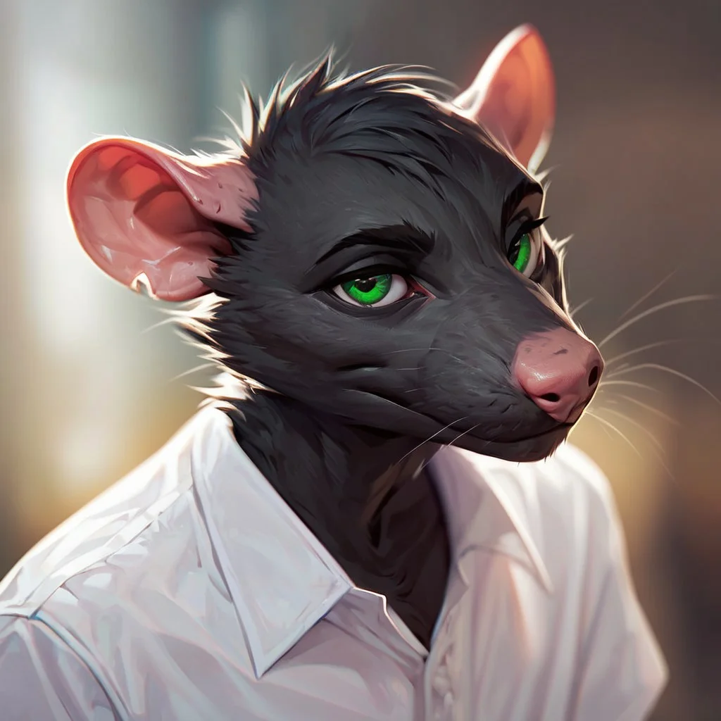 (((beautiful, high quality))), upper Body, score_9, score_8_up, score_7_up,
ratfolk, furry rat, 1male, black fur, green eyes, white shirt,
looking at the viewer, posing, blurred background,