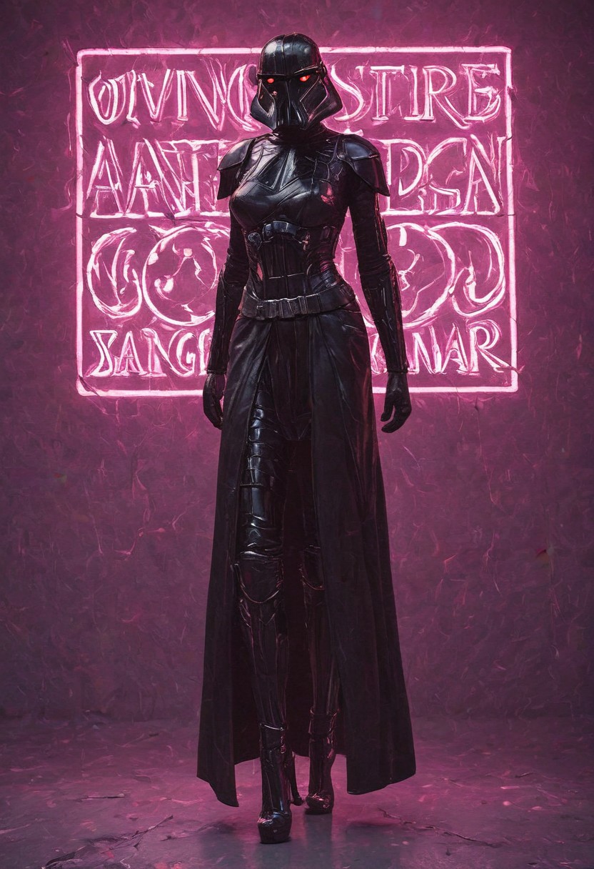 score_9, score_8_up, score_7_up, score_7, score_6_up, photo, detailed, full body, tack sharp, sharp focus, raw, realistic, highest quality, masterpiece, solo, Darth Vader in neon pink uniform, high heels, pink helmet on, very detailed dynamic Star Wars hangar as background, ((nsgzz, "DOING EVERYTHING FOR BUZZ!" (text), text focus, text, neon sign, white text, pink theme, glow)), d3t41l3d, full body