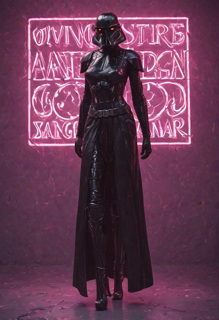 score_9, score_8_up, score_7_up, score_7, score_6_up, photo, detailed, full body, tack sharp, sharp focus, raw, realistic, highest quality, masterpiece, solo, Darth Vader in neon pink uniform, high heels, pink helmet on, very detailed dynamic Star Wars hangar as background, ((nsgzz, "DOING EVERYTHING FOR BUZZ!" (text), text focus, text, neon sign, white text, pink theme, glow)), d3t41l3d, full body