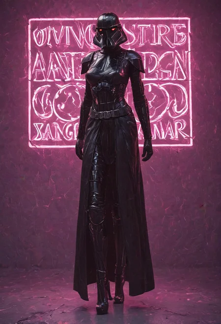 score_9, score_8_up, score_7_up, score_7, score_6_up, photo, detailed, full body, tack sharp, sharp focus, raw, realistic, highest quality, masterpiece, solo, Darth Vader in neon pink uniform, high heels, pink helmet on, very detailed dynamic Star Wars hangar as background, ((nsgzz, "DOING EVERYTHING FOR BUZZ!" (text), text focus, text, neon sign, white text, pink theme, glow)), d3t41l3d, full body