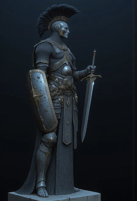 A feathered knight with a cape, holding a templar shield, and a gladiator sword
Set against a solid dark color background to emphasize its unsettling unnatural form that emphasizes its silhouette. The medium is not a traditional painting or illustrative medium like watercolor or ink but rather a digital 3D rendering.
MikeFranchinastyle, d4artstyle, d4concept, , bbstyle,, horror theme,, zbrush, ZBClay model of a gray sculpture, 1990's, 1990's style