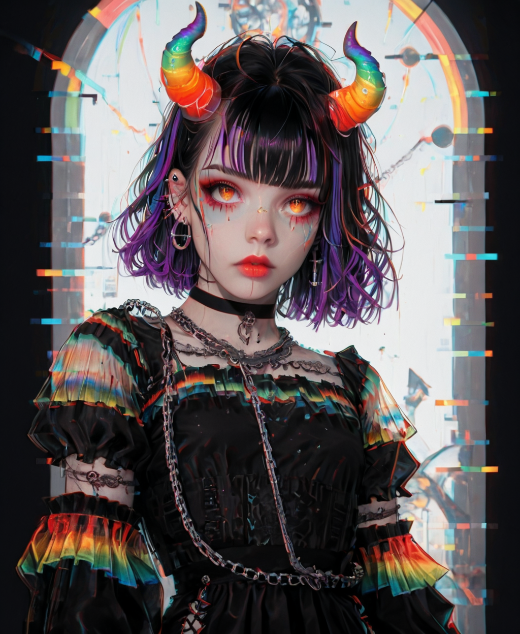 score_9, score_8_up, score_7_up, 
source_anime BREAK ImHigh,
1girl, solo, demon horns, rainbow gradient horns, short hair, messy hair, black hair with neon green and purple highlights, glowing eyes, red-orange eyes with an intense gaze, gothic outfit, black lace dress with intricate patterns, choker, black choker with silver rings, chains, golden chains with small charms, earrings, multiple piercings, silver earrings, dark aesthetic, cyberpunk, glitch effect, holographic light reflections, moody lighting, detailed clothing, semi-transparent lace sleeves, high contrast, fantasy theme, anime style, vibrant neon colors, digital art
 ,<lora:Urban_Fantasy_Waifu_pony:1>,