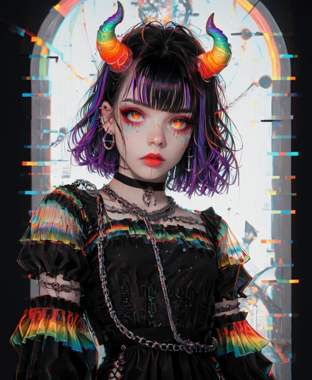 score_9, score_8_up, score_7_up, 
source_anime BREAK ImHigh,
1girl, solo, demon horns, rainbow gradient horns, short hair, messy hair, black hair with neon green and purple highlights, glowing eyes, red-orange eyes with an intense gaze, gothic outfit, black lace dress with intricate patterns, choker, black choker with silver rings, chains, golden chains with small charms, earrings, multiple piercings, silver earrings, dark aesthetic, cyberpunk, glitch effect, holographic light reflections, moody lighting, detailed clothing, semi-transparent lace sleeves, high contrast, fantasy theme, anime style, vibrant neon colors, digital art
 ,<lora:Urban_Fantasy_Waifu_pony:1>,