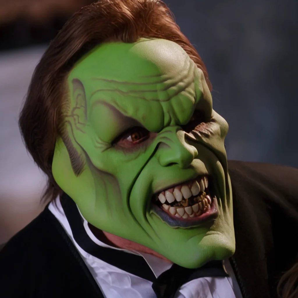 detailed high quality photo of a laughing man with a (((green head))), ugly teeth and brown hair, the_mask,  <lora:BigHeadMask_V1_Dorian_SDXL:1>