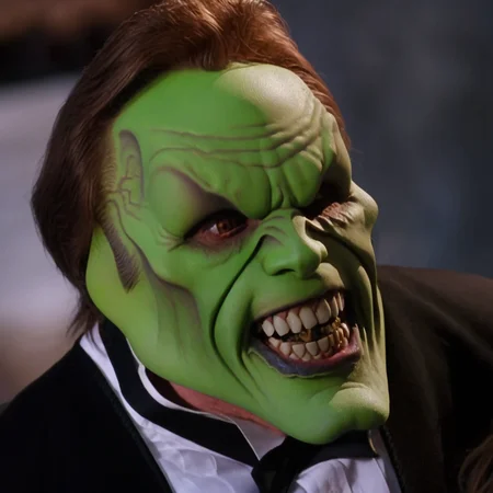 detailed high quality photo of a laughing man with a (((green head))), ugly teeth and brown hair, the_mask, <lora:BigHeadMask_V1_Dorian_SDXL:1>