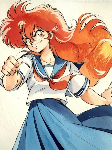 zPDXL3, source_anime, <lora:Project_A-KO_-_1986_OVA_-_Pony:0.8> pr0j3ct4K0, AKO, serafuku, red hair, long hair, orange eyes, red neckerchief, long skirt, blue skirt, white shirt, smile, hand up, pointing, cowboy shot, traditional media, retro artstyle, from below, <lora:ZB_Watercolorv1:0.8> Watercolor <lora:Ippongi_Ban_Artist_Style_PonyXL:1>