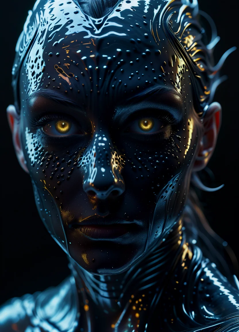 The dark creature stares at the camera, in the style of liquid metal, sold milky colored eyes, ray tracing, raw character, 32k uhd, schlieren photography, conceptual portraiture, wet - on - wet blending <lora:XL_Bio-Luminescence:0.8> bioluminescent, glowing, subsurface scattering, Photorealistic, Hyperrealistic, analog style, realistic, film photography, soft lighting, heavy shadow