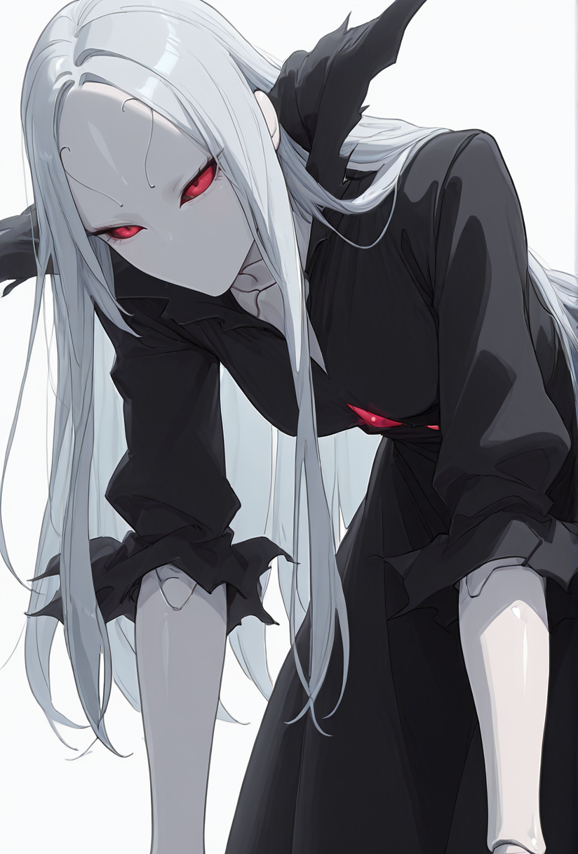 Smooth Quality,masterpiece,very intricate, high quality details, ultra realistic, high detailed skin,detailed enviorement,absurdres,
simple background, white background, 
leaning forward,wince,
 <lora:Berettacnn:0.8>  beretacnn,.1girl, long hair,red eyes, (mask:1.1), black dress,silver hair, doll joints, no humans, no mouth,