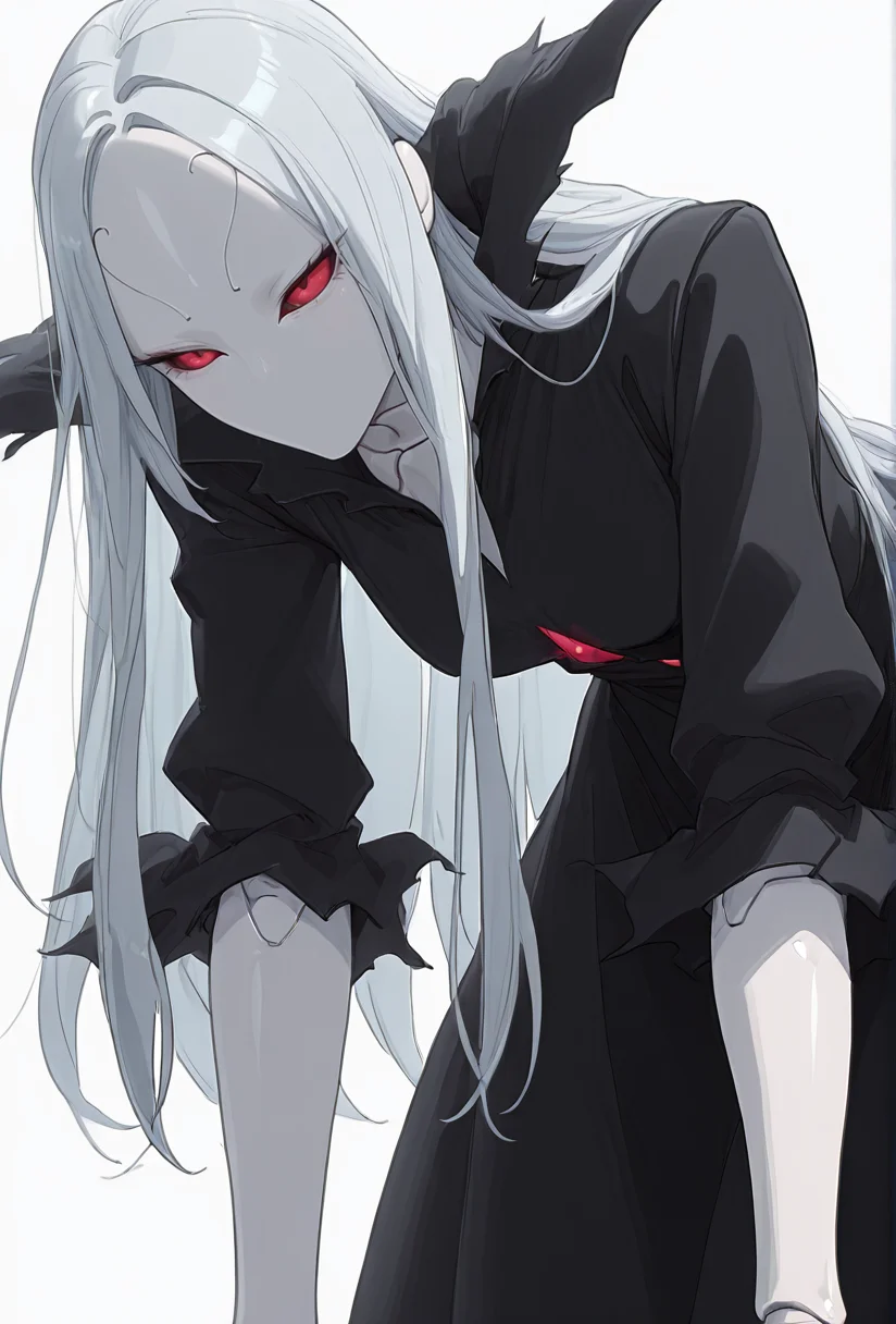 Smooth Quality,masterpiece,very intricate, high quality details, ultra realistic, high detailed skin,detailed enviorement,absurdres,
simple background, white background, 
leaning forward,wince,
 <lora:Berettacnn:0.8>  beretacnn,.1girl, long hair,red eyes, (mask:1.1), black dress,silver hair, doll joints, no humans, no mouth,