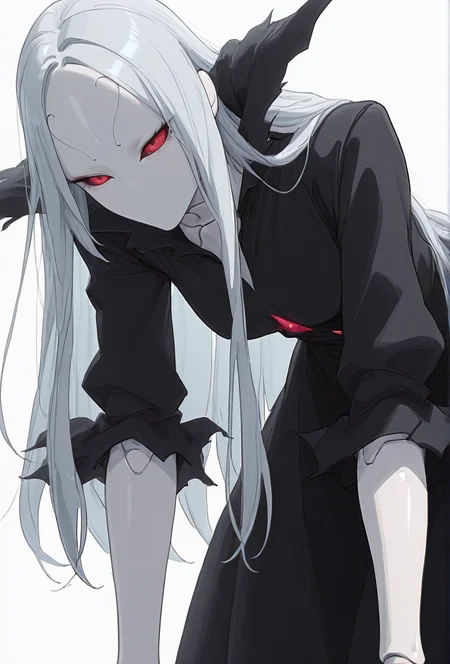 Smooth Quality,masterpiece,very intricate, high quality details, ultra realistic, high detailed skin,detailed enviorement,absurdres,
simple background, white background, 
leaning forward,wince,
 <lora:Berettacnn:0.8>  beretacnn,.1girl, long hair,red eyes, (mask:1.1), black dress,silver hair, doll joints, no humans, no mouth,