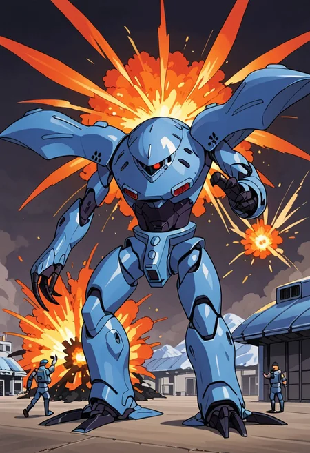 score_9, score_8_up, score_7_up, source_anime, cowboy shot, front view, BREAK, ( hygogg, blue_hygogg_armor, red monoeye, looking to the side, turned to the side, leaning forward, legs apart, one hand raised, firing missile from palm of hand, explosion in palm of hand, missile pod pieces exploding away from hand, long claws, only one eye,) 1mech, mech focus, solo, BREAK, smoke, explosion in background, ice cliffs, stormy sky, antarctic base, building, people running, black smoke, wrecked mecha,