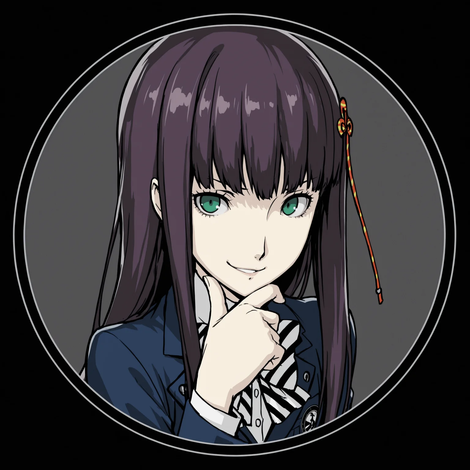 [Base Prompt] pfp circle, circle, border, stroke, masterpiece, best quality, amazing detail, high definition // [Regional Prompting] [Region 1] 1girl, tougou hifumi, p5hifumi, (green eyes:0.7), looking at viewer, smirk, hand on chin, pointing, school uniform, blue blazer, hair ornament, striped bow, persona 5,