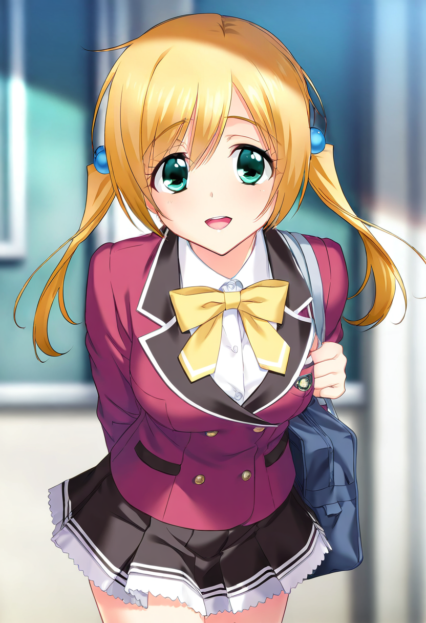 <lora:kohinataIL:0.8>k0hinata,solo,twintails,green eyes,blonde hair,hair bobbles,school uniform,red blazer,black skirt,bow, very awa, masterpiece, best quality, amazing quality, very aesthetic, absurdres, sensitive, newest <lora:spo_sdxl_10ep_4k-data_lora_webui:0.7>,