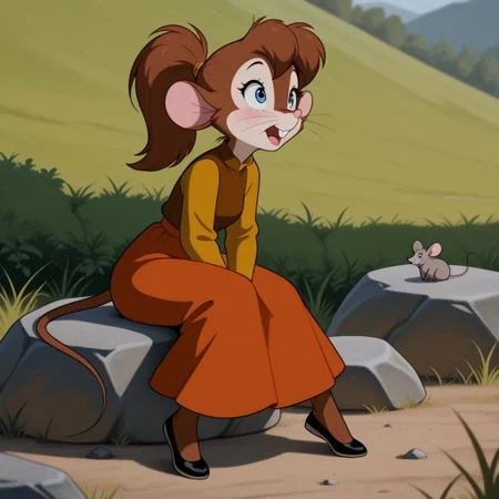masterpiece, best quality, amazing quality, tanyafgwil, anthro, female, mouse, brown fur, blue eyes, brown hair, ponytail, buck teeth, whiskers, dress, orange skirt, brown shirt, long sleeves, yellow sleeves, black flats sitting, outside, on a rock, <lora:b72deb8a-526f-4761-b484-5d14c594a783:0.7>