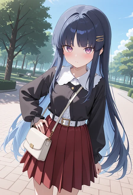 highres, best quality, masterpiece,
1girl, solo, blush, outdoors, park, blue sky, rlkyoka, blue hair, black hair, very long hair, hairclip, purple eyes, blunt bangs, long sleeves, black jacket, white collar, white shirt, white belt, red skirt, pleated skirt, handbag, shoulder bag, hand on own hip, standing, looking at viewer, v-shaped eyebrows, <lora:_kyouka_pcr-elesico-ilxlC:1>