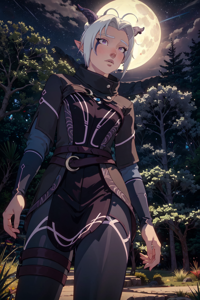 Rayla, horns, purple eyes, (night time, moon in background, blue night sky, stars, trees, magical forest), (realistic:1.2), (masterpiece:1.2), (full-body-shot:1.2),(from below:1.2), dark romantic lighting, (highly detailed:1.2), (detailed face:1.2), (gradients), colorful, detailed eyes, (natural lighting:1.2), solo, <lora:add_detail:0.3> <lora:DragonPrince_RaylaS4-10:0.8>  <lora:BeautifulEyes:0.3>