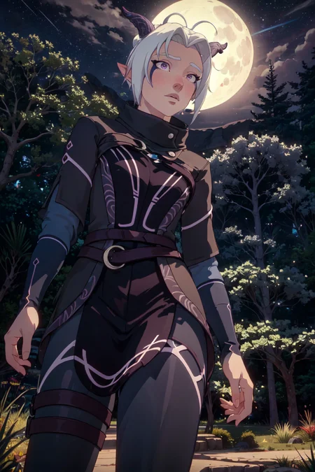 Rayla, horns, purple eyes, (night time, moon in background, blue night sky, stars, trees, magical forest), (realistic:1.2), (masterpiece:1.2), (full-body-shot:1.2),(from below:1.2), dark romantic lighting, (highly detailed:1.2), (detailed face:1.2), (gradients), colorful, detailed eyes, (natural lighting:1.2), solo, <lora:add_detail:0.3> <lora:DragonPrince_RaylaS4-10:0.8> <lora:BeautifulEyes:0.3>
