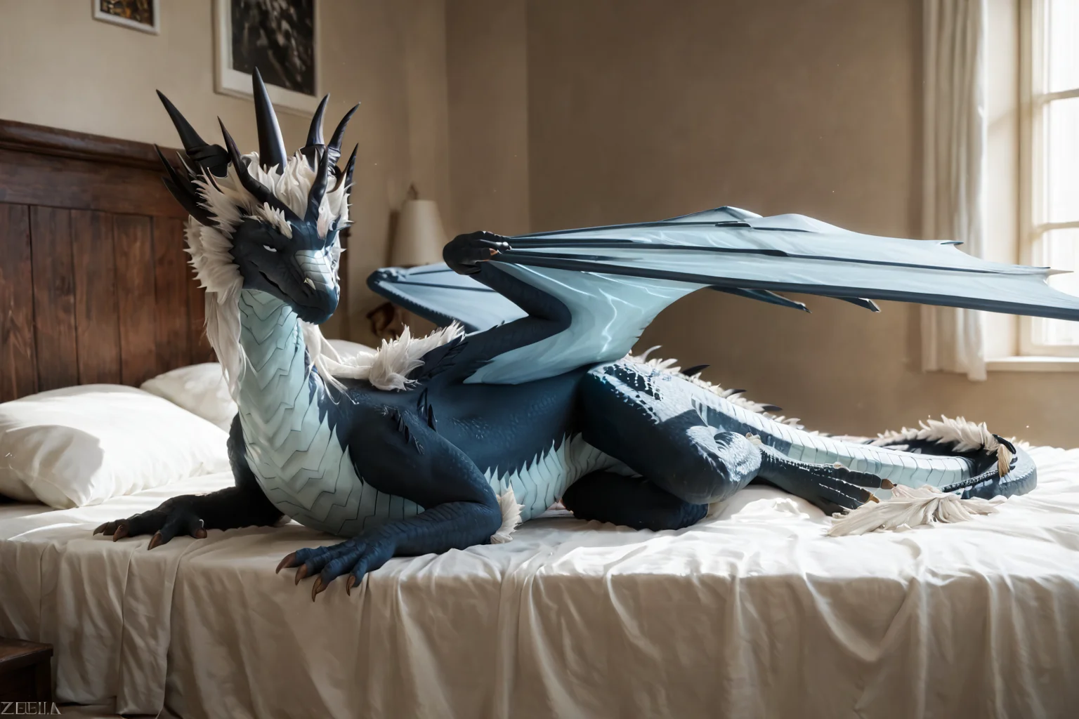 score_9, score_8_up, score_7_up, score_6_up, source_furry, masterpiece, high quality, realistic, photorealistic, detailed, best quality,
1girl, solo, bedroom, smiling, seductive, looking at viewer, lying on bed,
<lora:Zubeia_TDP_pony_V1:0.8> zubeia, dragon, feral, horns, blue wings, tail, scales, scalie, white hair,
