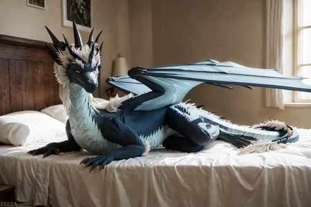 score_9, score_8_up, score_7_up, score_6_up, source_furry, masterpiece, high quality, realistic, photorealistic, detailed, best quality,
1girl, solo, bedroom, smiling, seductive, looking at viewer, lying on bed,
<lora:Zubeia_TDP_pony_V1:0.8> zubeia, dragon, feral, horns, blue wings, tail, scales, scalie, white hair,