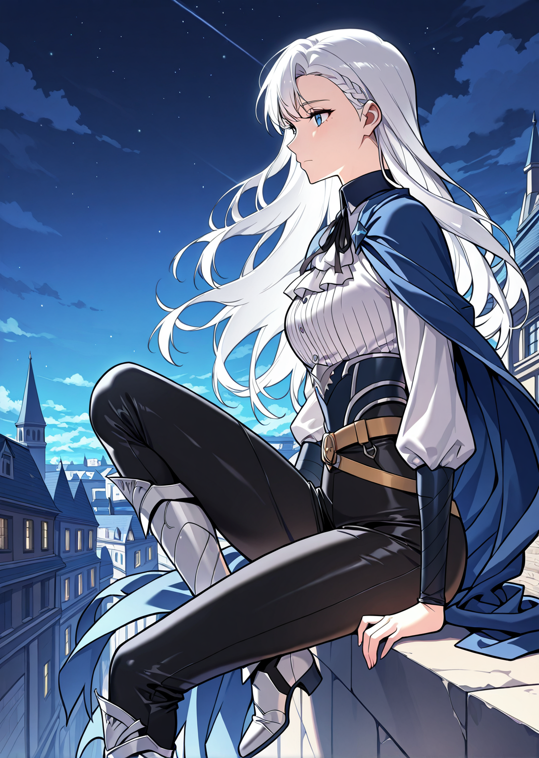 <lora:Artemis__The_Return_of_the_Disaster-Class_Hero__Illustrious:1>
1 girl, solo, blue eyes, long hair, white hair, breaid
belt, black pants, white shirt, blue cape
score_9, score_8_up, score_7_up, score_6_up, source_anime, masterpiece, best quality, absurdres, highres, newest, anime coloring <break>  1girl, solo, sitting, on wall, from side, town, night sky, cloud