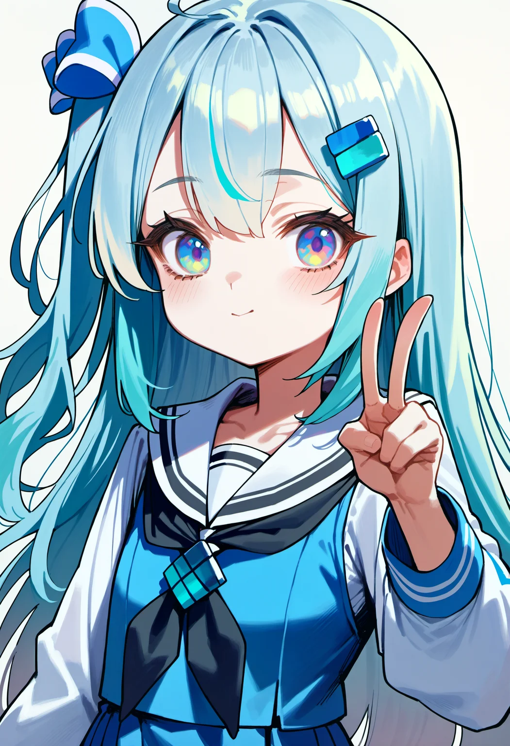 score_9, source_anime, score_8_up, score_7_up,simple background,white background,<lora:madobev1-000040:0.8> madobev1,portrait,upper body,v sign,pale cyan hair,multicolored eyes, one side up,serafuku, hair ornament, hair bow,black neckerchief,