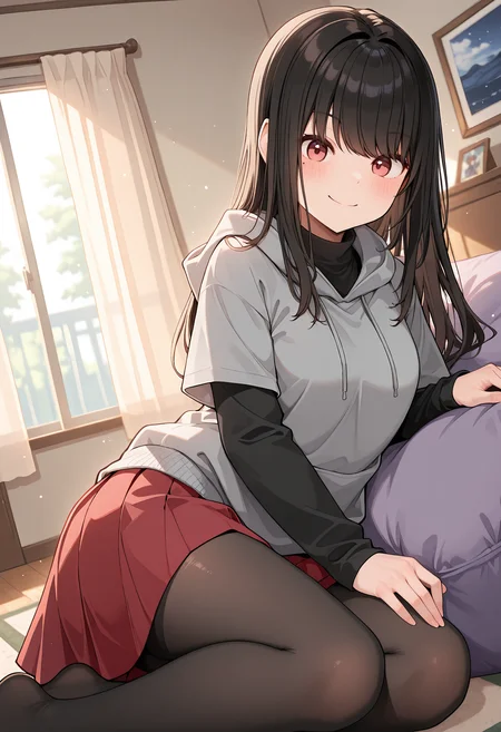 best quality, amazing quality, perfect quality, high quality, masterpiece, absolutely eye-catching BREAK
<lora:Sometimes_Even_Reality_Is_a_Lie_-_Nanami_Ousaka:1> RealNanami, red eyes, mole under eye, black hair, long hair, swept bangs BREAK
grey hoodie, short sleeves, black long sleeve undershirt, red pleated skirt, black thighhighs BREAK
indoors, bedroom, window, curtain, light particles, bean bag chair, lying, yokozuwari, looking at viewer, smile, dutch angle