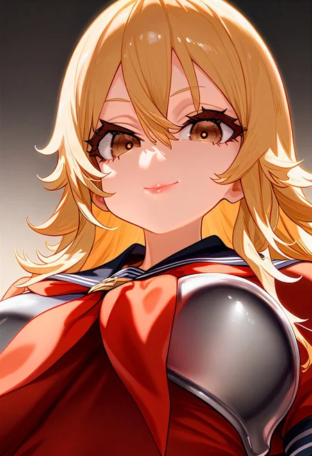 (masterpiece:1.2, best quality), (finely detailed eyes: 1.2) (ultra-detailed, hires), (detailed face, detailed eyes), (best illumination), detailed glow, high contrast, looking at viewer, solo, smile, closed mouth, 1girl, huge breasts, wide hips, thick thighs, centurii-chan, blond hair, brown eyes, hair between eyes, medium hair, fluffy hair, bangs, armor, ((breastplate)), dress, neckerchief, red neckerchief, red dress, short dress, short sleeves, pink lips, skindentation, no background, empty background, (((face shot))), (masterpiece, best quality, very aesthetic, absurdres), (ultra detailed perfect piece:1.2), illustration, masterpiece, (extremely detailed CG 8k), (very fine 8K CG), <lora:add-detail-xl:-1>