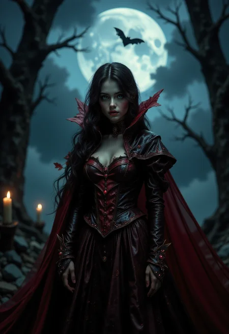 masterpiece, realistic scenery, ultra high quality, a gorgeous 23yo female vampire looks for victims in an medival castle, completely covered from the neck down, ancient dark red vampire robe with shimmering rubies, a vampire bat in the air, night, moonshine, gloomy clouds, fog, close-up, (SFW:1.2), dark fantasy, eerie, horror, <lora:Flux Darkfantasy_epoch_1>