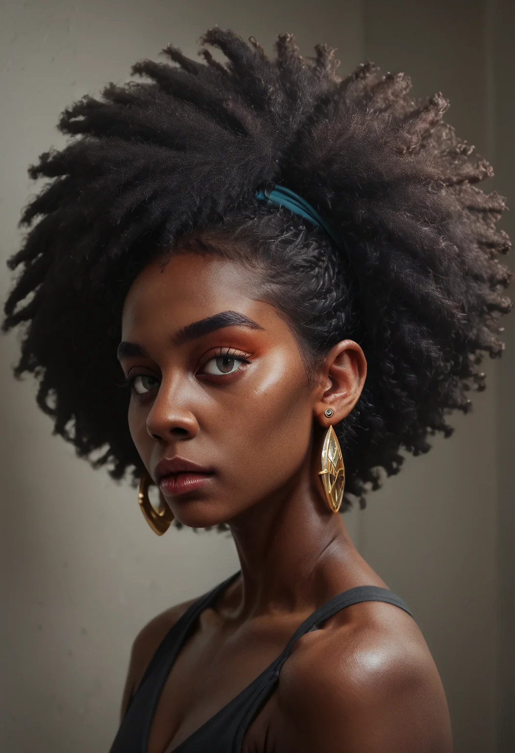 score_9, score_8_up, score_7_up, score_6_up, score_5_up, score_4_up, a highly detailed painting of a black woman, 1 woman, black woman, dark skin, college student, activist, very large loose frame filling afro that hangs over one eye, no makeup, queen earrings,  very close-up, gentle expression<lora:lukethighwalkerneonponyv6> <lora:Black_Woman_v3-000006> <lora:detailed_notrigger>