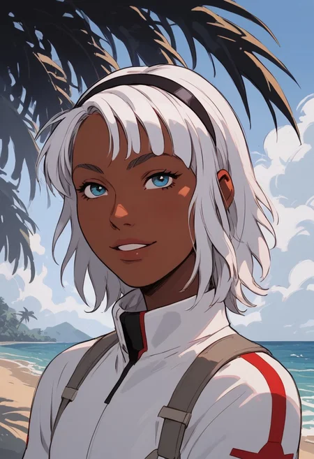score_9, score_8_up, score_8_up, 1boy, sexy 18yo boy, ((alone)), loran, twink, androgynous, femboy, loran cehack, loran gundam, dark skin, white hair, blue eyes, hairband, slender body, tropical beach, summer day, sunny day, hot, ocean, posing, seductive, palm trees, smiling, white bodysuit