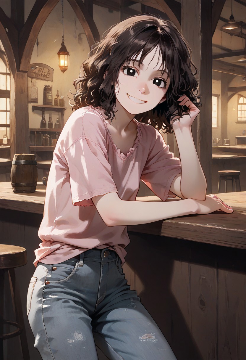 Julia Park, 
score_9, score_8_up, score_7_up, Expressiveh, uncensored, (extremely detailed), 
college girl, lean, (beige skin), black eyes, (chin-length hair, dark brown hair, loose hair, shaggy hair), pert breasts, (almond-shaped eyes), basic style,
(form-fitting blouse, pink blouse, short-sleeved blouse), (baggy jeans, faded jeans, grey jeans),
tavern, alone, forward, ((skewed smile)), dominant