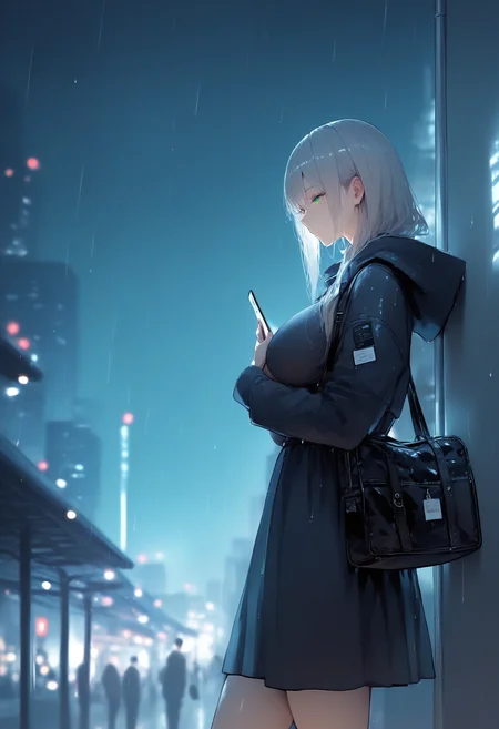 score_9, score_8_up, score_7_up, score_6_up, source_anime, <lora:RLI 0.2v:1>, RLI,
1girl, solo, long hair, long sleeves, tall female, large breasts, dress, holding, standing, jacket, grey hair, outdoors, hood, bag, blurry, from side, feet out of frame, blurry background, night, depth of field, phone, cellphone, smartphone, hood up, holding phone, rain, city, looking at phone, train station, leaning back, against wall, green eyes,