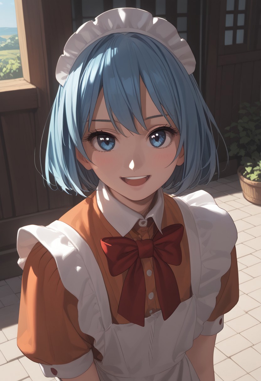 abbystea style, score_9, score_8_up, score_7_up, best quality, high detailed, BREAK
female, solo, long eyelashes, cute, 
Chikoi the Maid, maid, white maids headband, blue hair, short hair, blue eyes, Red bow tie, orange maid suit
looking at you,
scenery porn, outdoors,
sunlight, high angle, face focus, saturated colors, smile, open mouth