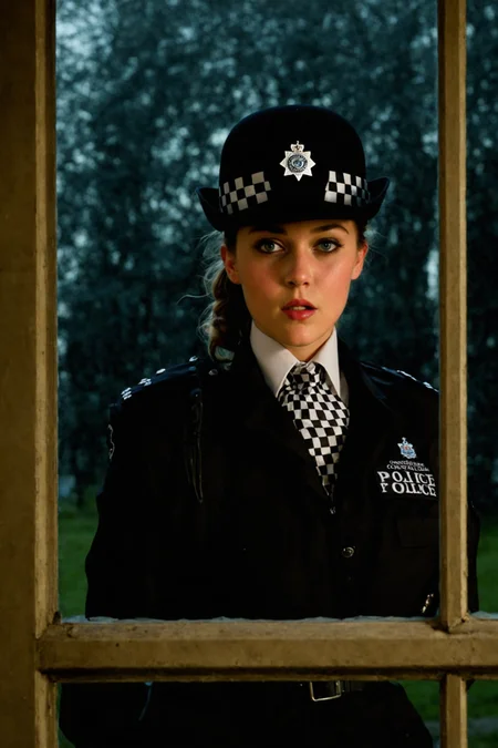 a young woman, <lora:ConstableUniform:0.8> constableuniform, uniform, hat badge, headwear, black constable hat, police uniform, white collared shirt, black belt, black and white checkerboard necktie, checkerboard necktie, short sleeves, black pants, black belt, silver buckle, black footwear, black jacket, (detailed face), (detailed lips), (detailed eyes)