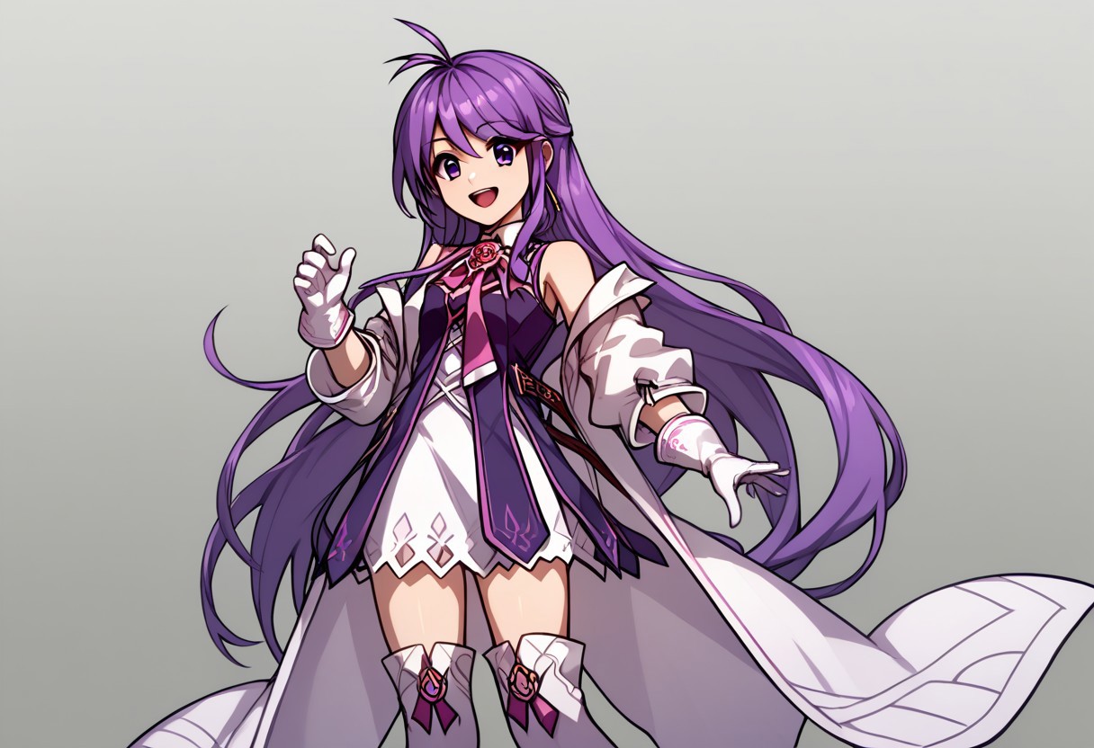 score_9, score_8_up, score_7_up, source_anime, good anatomy, 1girl, solo, AishaAS, antenna hair, ahoge, long hair, purple hair, sidelocks, very long hair, purple eyes, amulet, pink ribbon, wing collar, white and purple dress, layered dress, sleeveless dress, leather belt, off shoulder coat, white coat, white gloves, white thighboots, zettai ryouiki, standing, smiling, open mouth