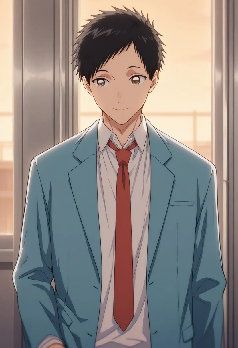 masterpiece,best quality,amazing quality,
taikinomata, 1boy, male focus, solo, brown eyes, black hair, short hair, school uniform, shirt, white shirt, collared shirt, necktie, red necktie, jacket, blazer, blue jacket, long sleeves, open jacket, open clothes, smile,