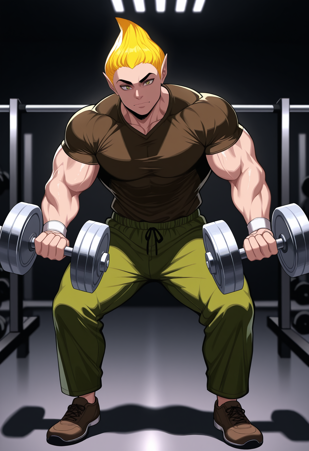 masterpiece, best quality, amazing quality, <lora:adoringFan_illustrious_byJaneB:1>, byazura,
green pants, brown shirt, brown shoes, muscular, bodybuilder, swole, gym, weightlifting,