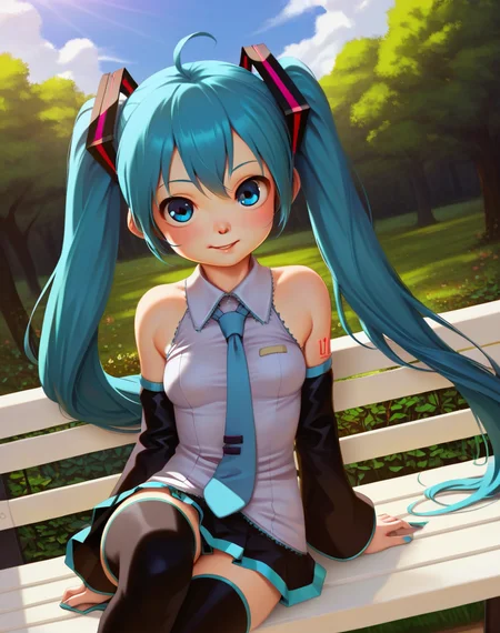 score_9, score_8_up, score_7_up,score_6_up,score_5_up,score_4_up, rating_questionable, source_anime BREAK a girl sitting on a park bench, blue sky, sun, hatsune miku, looking at viewer, thighhighs, detached sleeves, dutch angle, 
<lora:alke_style_xl_pony_v1:.8> by alkemanubis,