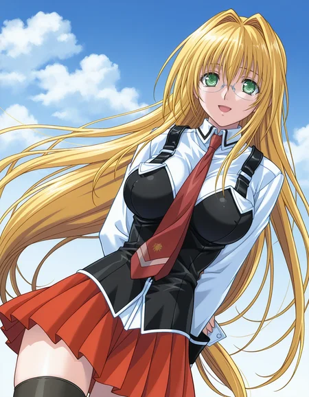 1girl, solo, tearju lunatique, blonde hair, very long hair, hair intakes, green eyes, glasses, smile, open mouth, BB_Uniform, school uniform, black vest, white shirt, sleeve cuffs, red necktie, pleated skirt, red skirt, black thighhighs, hands behind back, (blue sky:1.2), cloud, light theme <lora:bb_uniform_ilxl_v1:0.7>