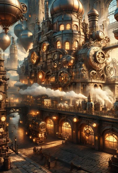 (best quality, 8k, high res, masterpiece:1.2), photorealistic, ultra-detailed, vibrant photography of a picturesque steampunk city at sunset.
Create a vivid depiction of a bustling steampunk cityscape, where Victorian-era aesthetics blend with fantastical steam-powered technology. Imagine towering brass and copper buildings adorned with intricate gears and pipes, steam billowing from every corner. Capture the essence of this alternate reality, where airships sail amidst clockwork skyscrapers, and cobblestone streets are bustling with eccentrically dressed denizens. Let your imagination roam through the winding alleys and bustling marketplaces of this vibrant steampunk metropolis, where innovation meets nostalgia in a world powered by steam and imagination.
(dynamic angle, cinematic lighting, ethereal atmosphere:1.1), (extremely detailed:1.2), (vivid colors:1.3), (perfect composition:1.2), (sharp focus, stunning realism:1.2)