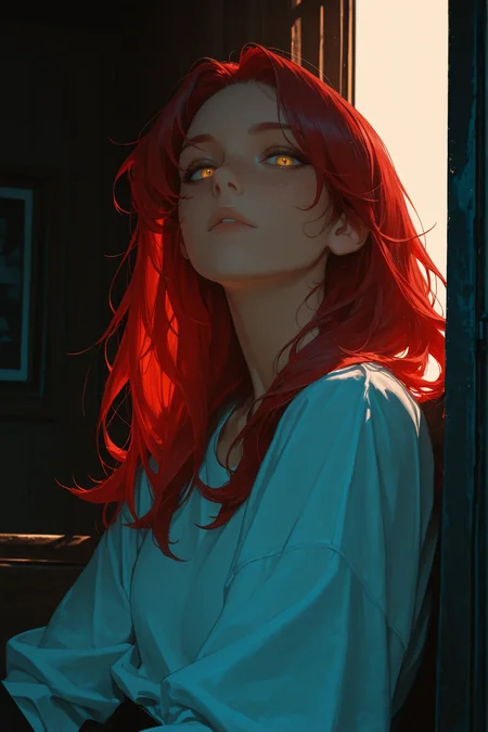Masterpiece, Best quality Backlights, ultra-detailed quality, dynamic angle, semi-realism, 1woman, 
the lady has bright red hair and is sitting in darkness in a white shirt, solo, freckles, 1girl, red hair, looking at viewer, yellow eyes, long hair, shadows, 