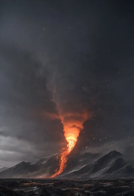 A highly detailed and dramatic rare photo shot of a ((Tornado)) with a winter mountain background, swirling tornado engulfed with flames and lava form flow, city destruction, 8k sharp focus, micro unreal engine 5 effects, photorealistic fantasy