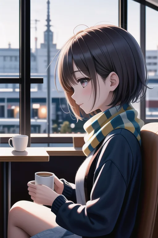 A three-quarter view of an anime high school girl in a cozy café, wearing a casual outfit with a scarf. Her hair is short and cute, and she holds a cup of coffee, looking at a friend.
<lora:LCM_LoRA_Weights_SD15:1> <lora:add\ImageEnhanceL:.7>