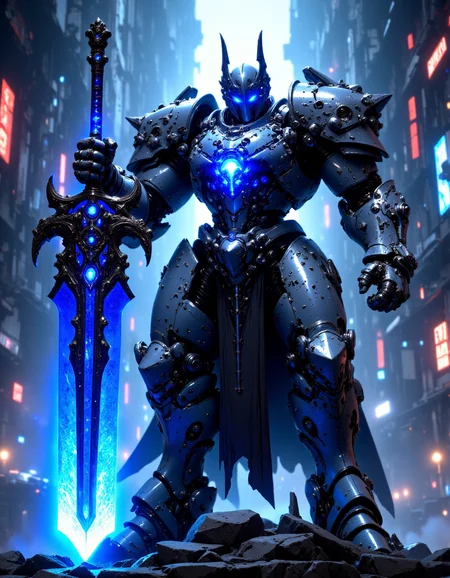 a cinematic shot of a mechanical robotic knight, glowing blue core, holding a giant blue glowing plasma sword by the handle, mecha wings on helmet, futuristic background, HKStyle, mythp0rt <lora:FluxFantasyKnightV2Test:0.95> <lora:FluxMythP0rtr4itStyle:0.85>